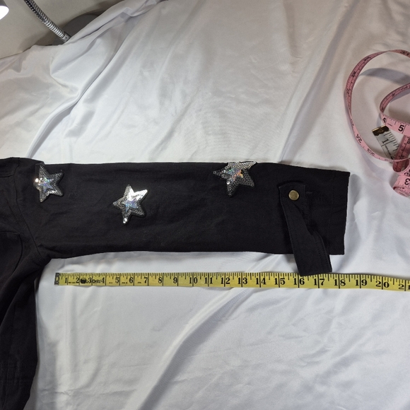 Buddy Love Black Sequin Star Military Utility Jacket Cotton Canvas Parker Cargo - Picture 8 of 13